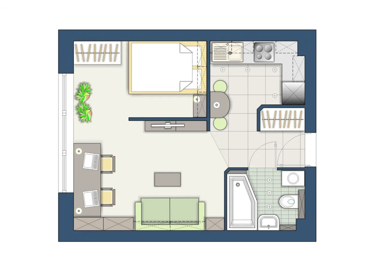 plan kawalerki z wydzieloną sypialnią, rzut z góry