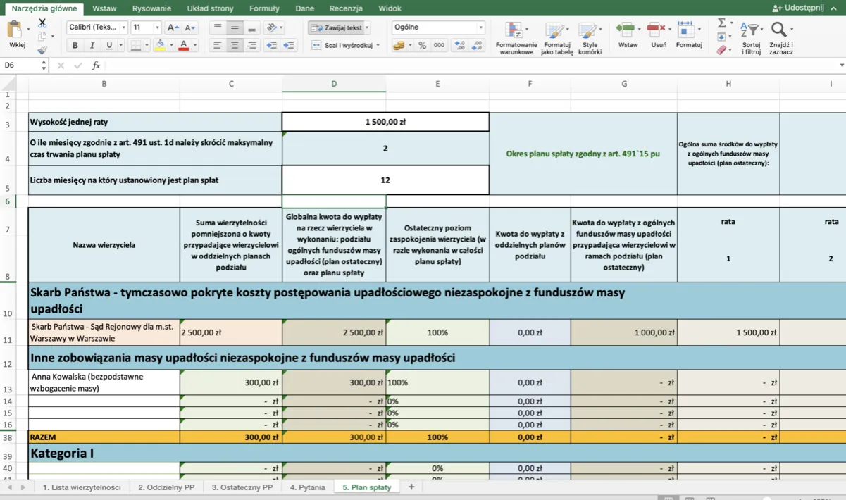 Plan spłaty wierzycieli przykład
