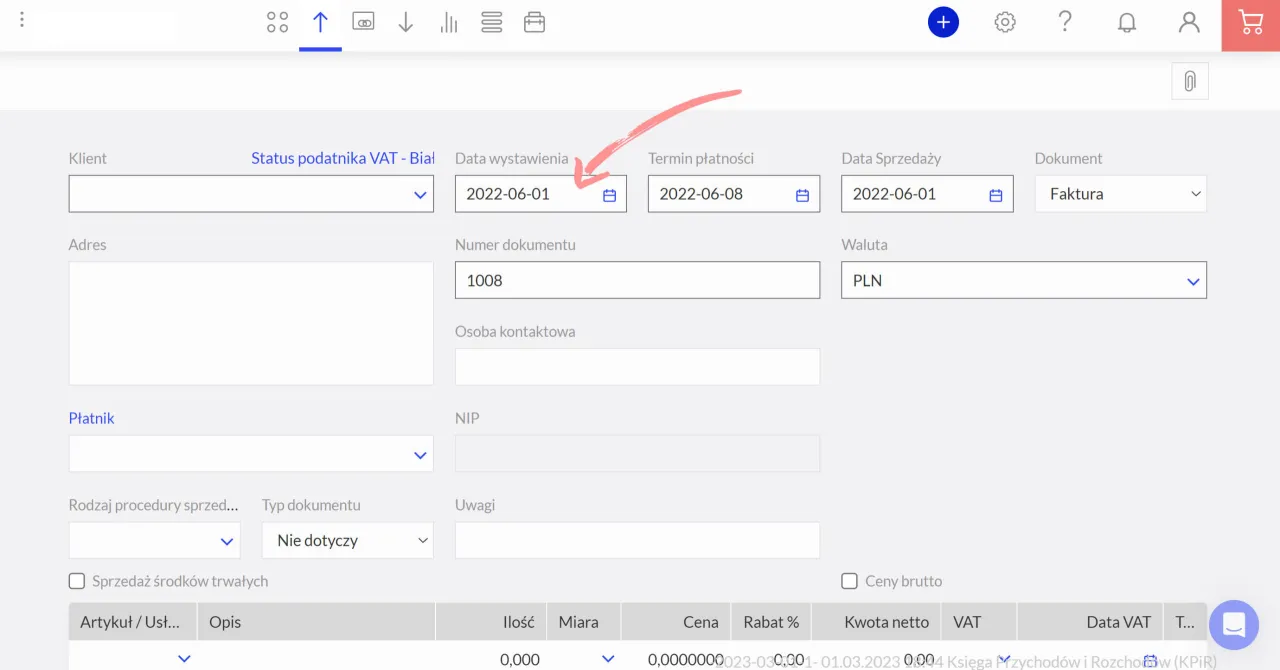 Formularz tworzenia faktury. Widoczna data wystawienia 2022-06-01. To jest faktura imienna co to?