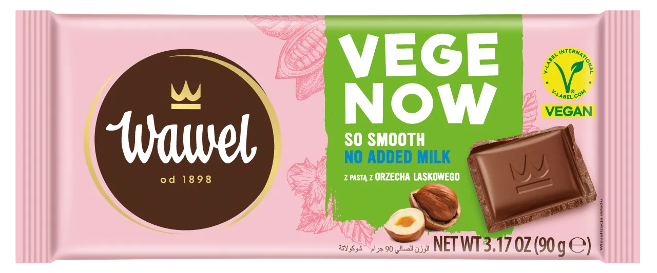 Wafel Vege Now - czy gorzka czekolada jest wegańska? Tak, ta czekolada z orzechami laskowymi jest wegańska, bez dodatku mleka.