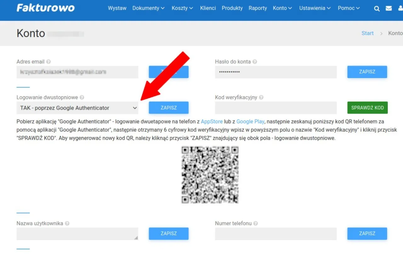 Ustawienia konta Fakturowo: aktywacja logowania dwuetapowego z Google Authenticator. Skanowanie kodu QR i wprowadzanie kodu weryfikacyjnego.