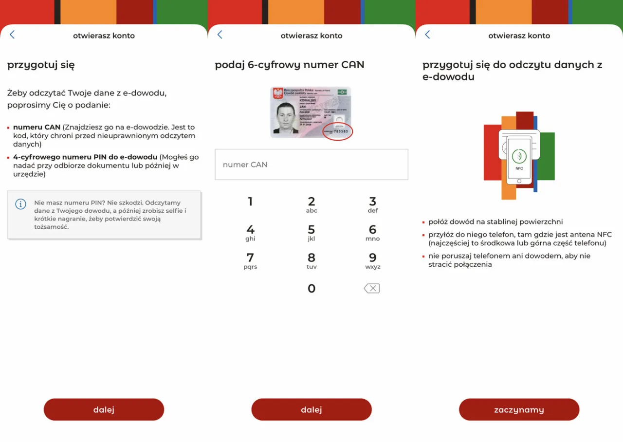 Jak założyć konto w mBank? Aplikacja prosi o numer CAN z dowodu osobistego i instrukcje zbliżeniowego odczytu danych.