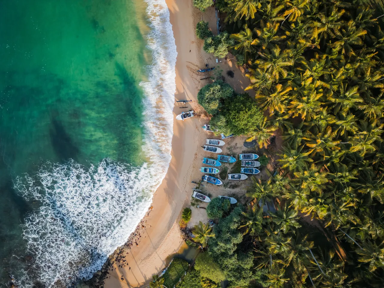 Rajska plaża na Sri Lance z łodziami i palmami. Czy na Sri Lance jest bezpiecznie? Tak, to idealne miejsce na wakacje.