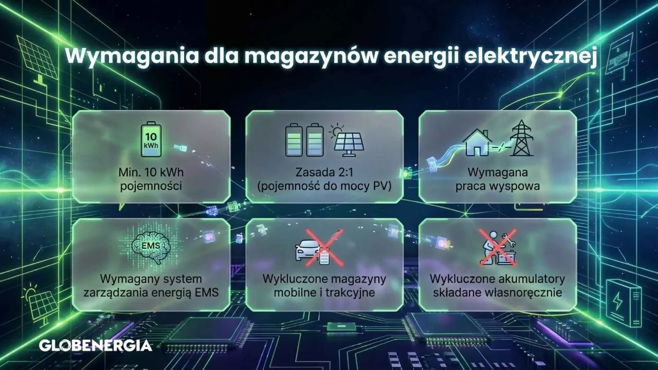 Wymagania dla magazynów energii: min. 10 kWh, zasada 2:1 (pojemność do mocy PV), praca wyspowa, system EMS. Wykluczone magazyny mobilne, trakcyjne i składane własnoręcznie. Dofinansowanie do fotowoltaiki.