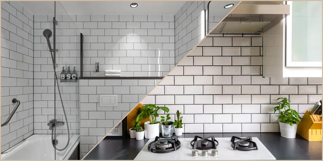 Białe płytki metro szara kuchnia