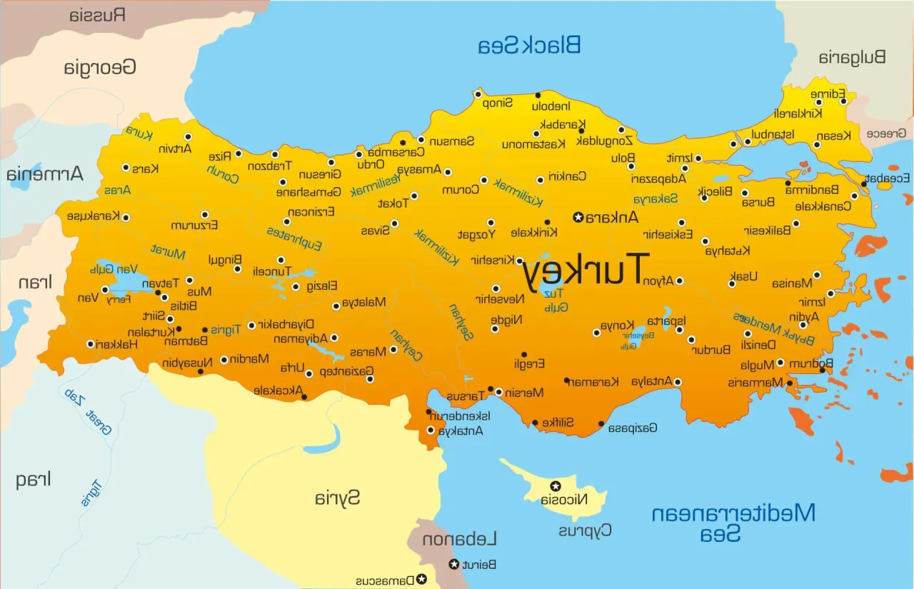 Mapa Turcji z zaznaczonymi popularnymi regionami turystycznymi