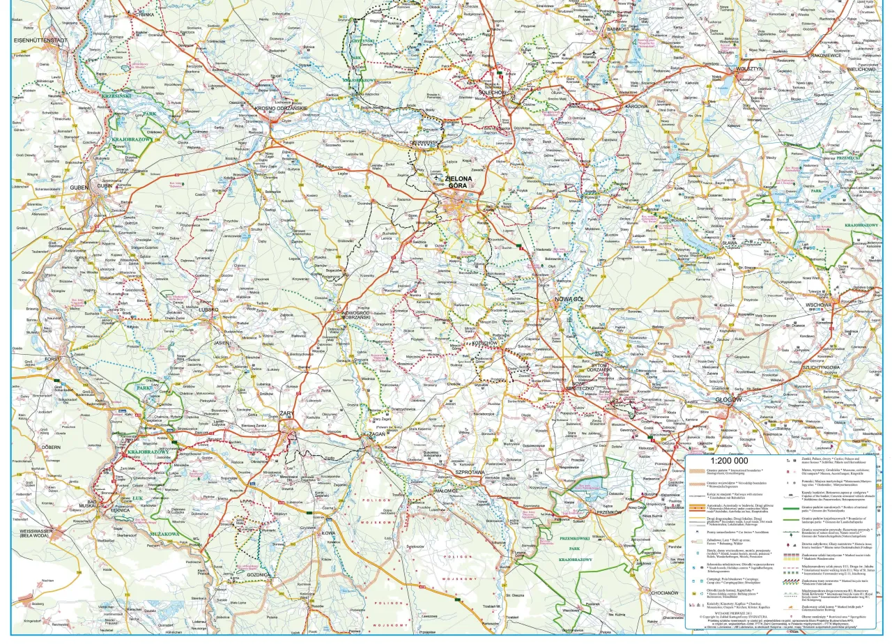 Mapa pokazuje najpiękniejsze trasy rowerowe lubuskie, z zaznaczonymi drogami, miastami i atrakcjami turystycznymi.