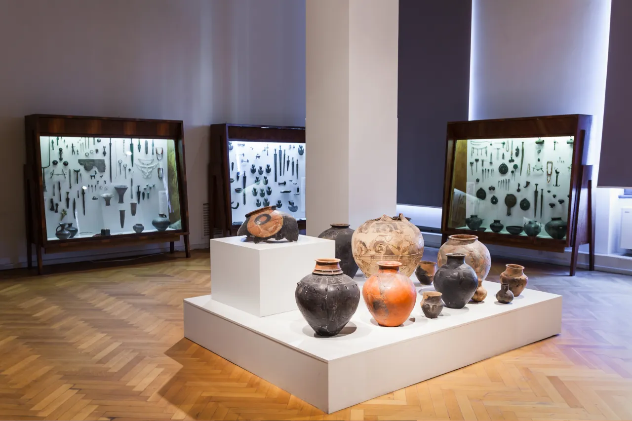 Wystawa archeologiczna we wrocławskich muzeach: starożytne naczynia i artefakty w gablotach.