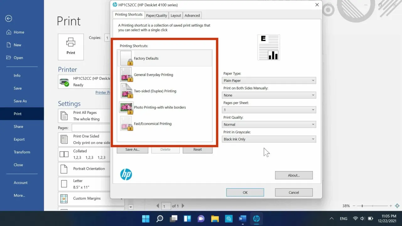 Ustawienia drukowania Windows HP