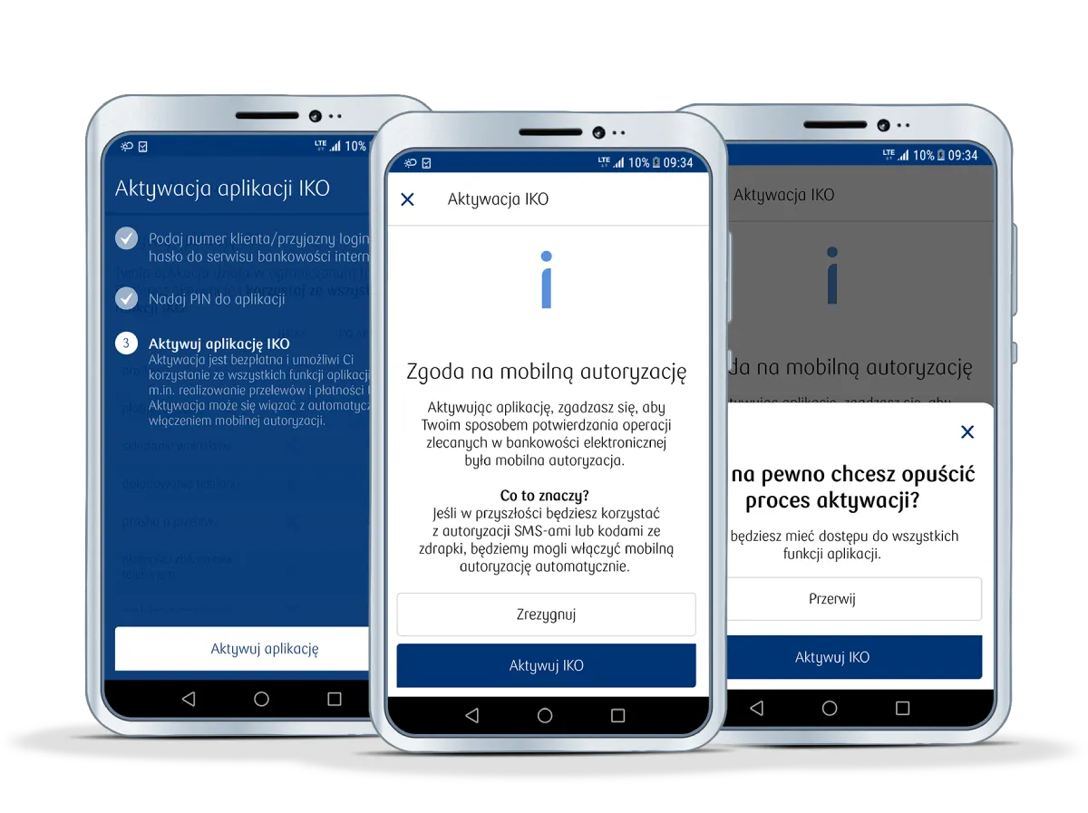 Aktywacja aplikacji IKO na nowym telefonie: podaj dane, nadaj PIN, aktywuj aplikację. Zgoda na mobilną autoryzację.