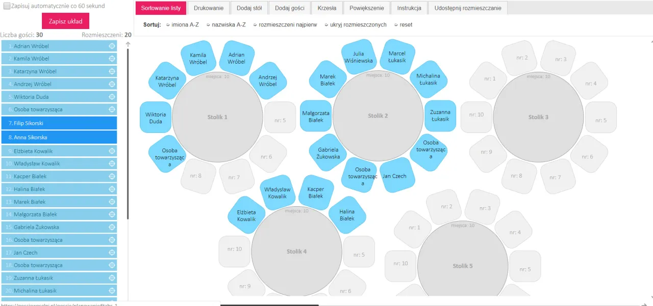 układ stołów weselnych okrągłe i prostokątne