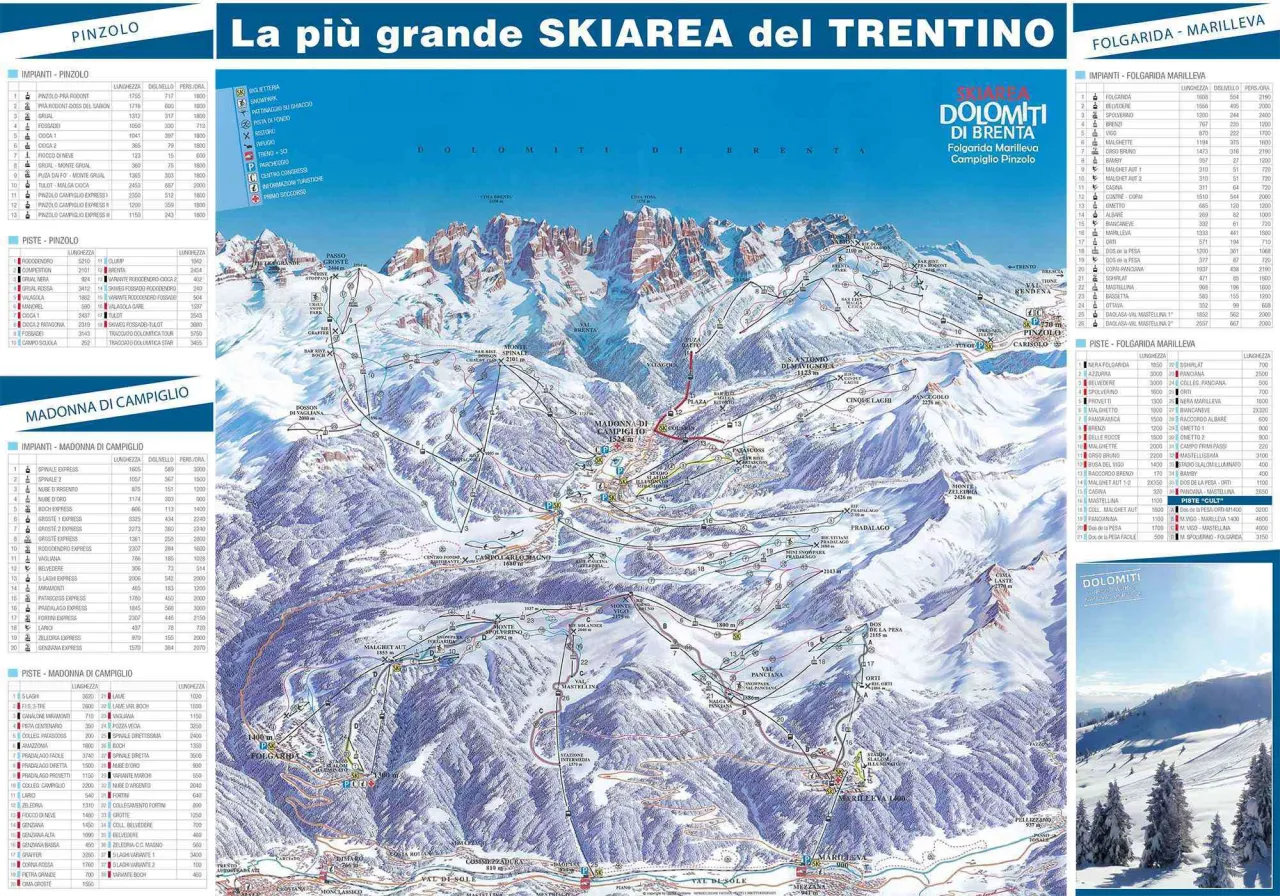 Mappa di Madonna di Campiglio con aree principali e piste