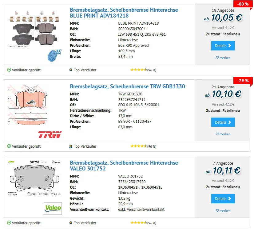 Vergleichstabelle Autoteile Onlineshops Deutschland