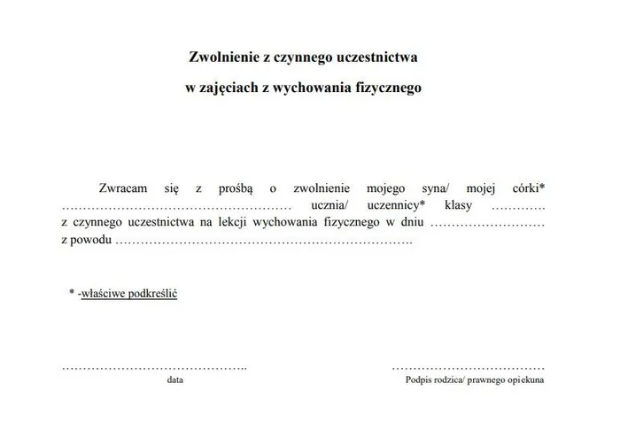 Uczeń zwolniony z WF na lekcji