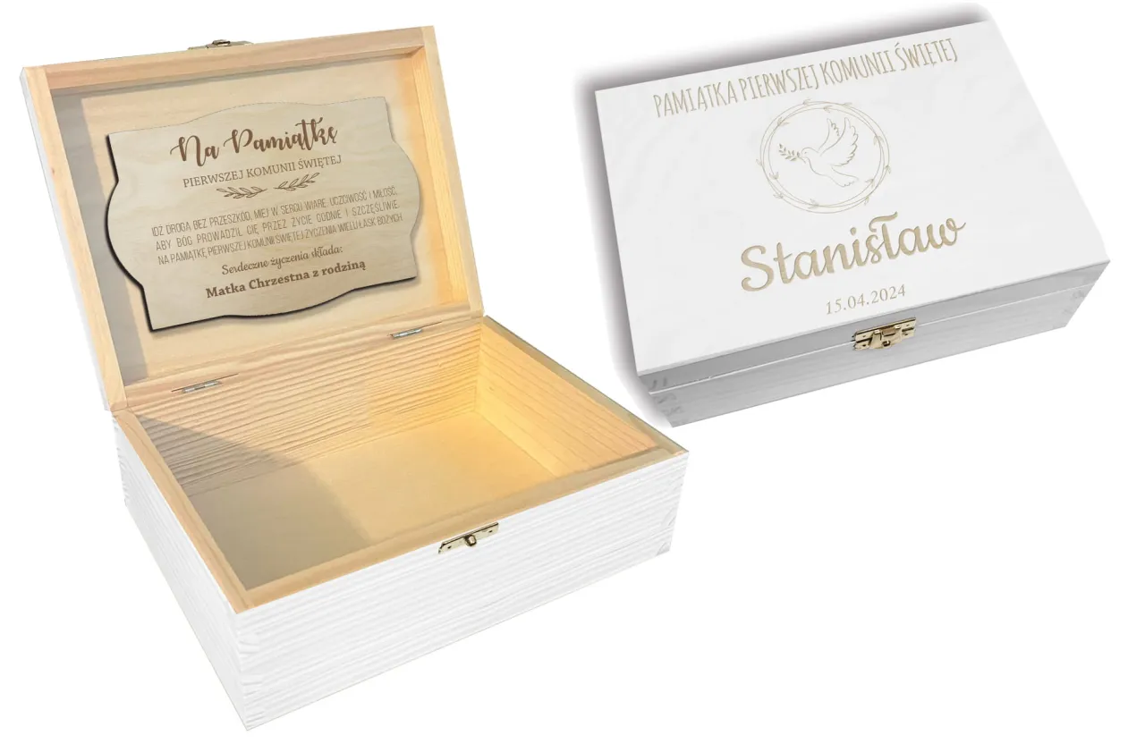 personalizowana pamiątka komunijna z grawerem na pudełku