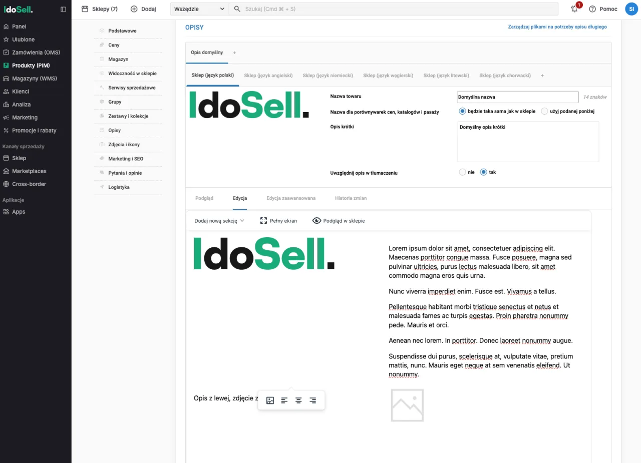 allegro edytor wizualny sekcje
