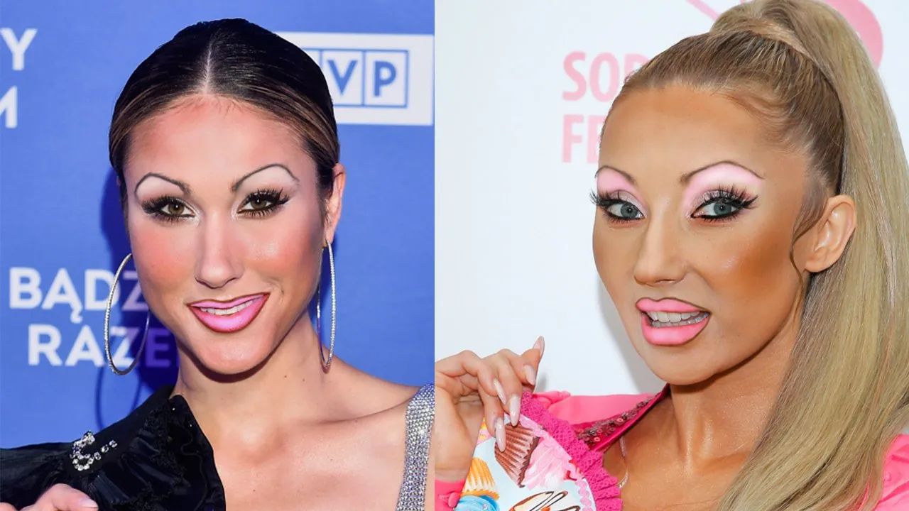 Makijaż lata 90. cienkie brwi ciemna konturówka brokat