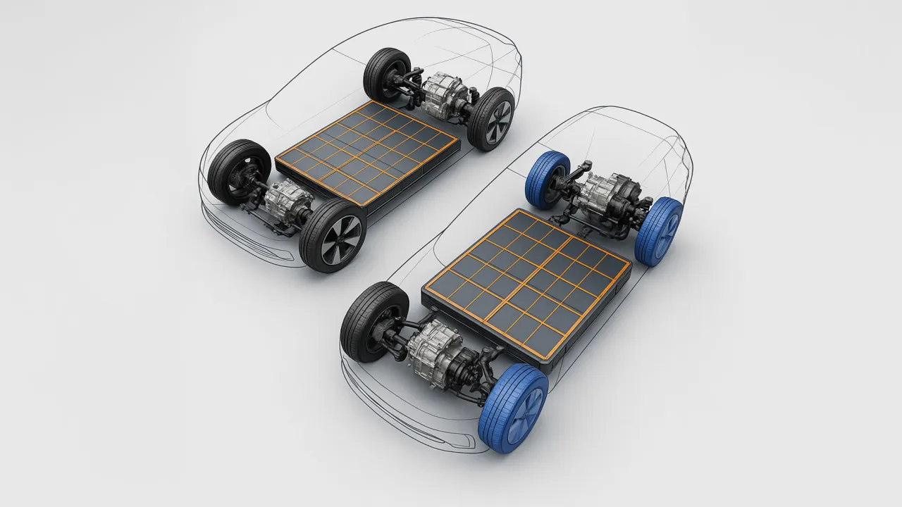 Dwie baterie do samochod&oacute;w elektrycznych, jedna z niebieskimi kołami. Zastanawiasz się, ile kosztuje bateria do samochodu elektrycznego?