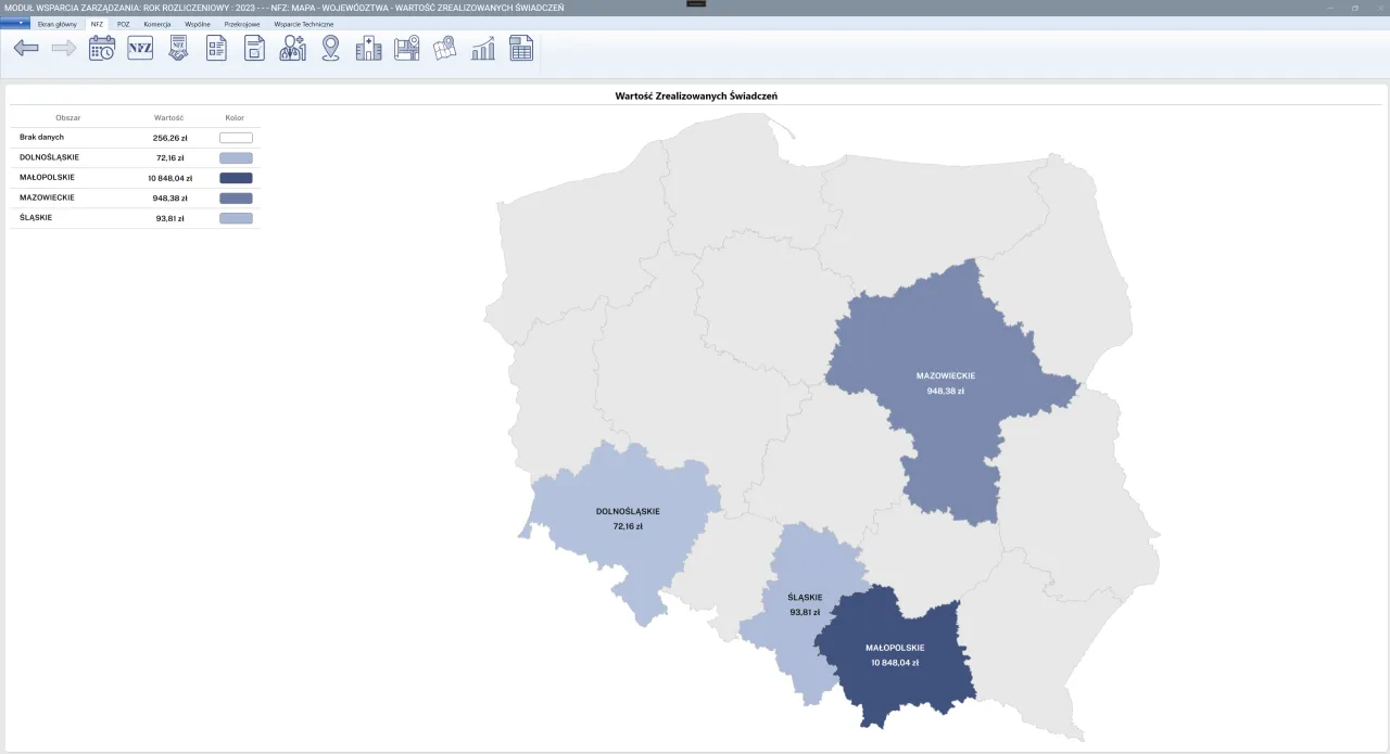 Mapa Polski z podziałem na wojew&oacute;dztwa i oddziały NFZ