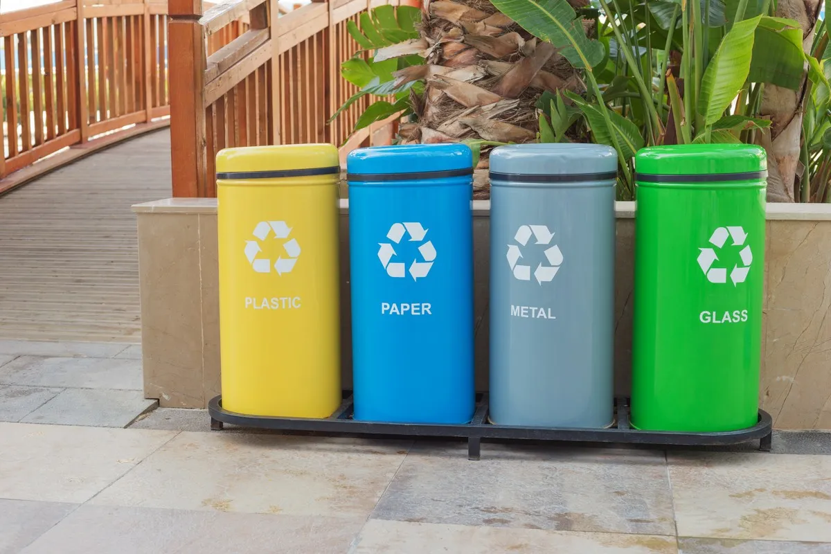 Cztery kolorowe kosze (ż&oacute;łty, niebieski, szary, zielony) z symbolami recyklingu i napisami: PLASTIC, PAPER, METAL, GLASS. Uczą, jak segregować śmieci.