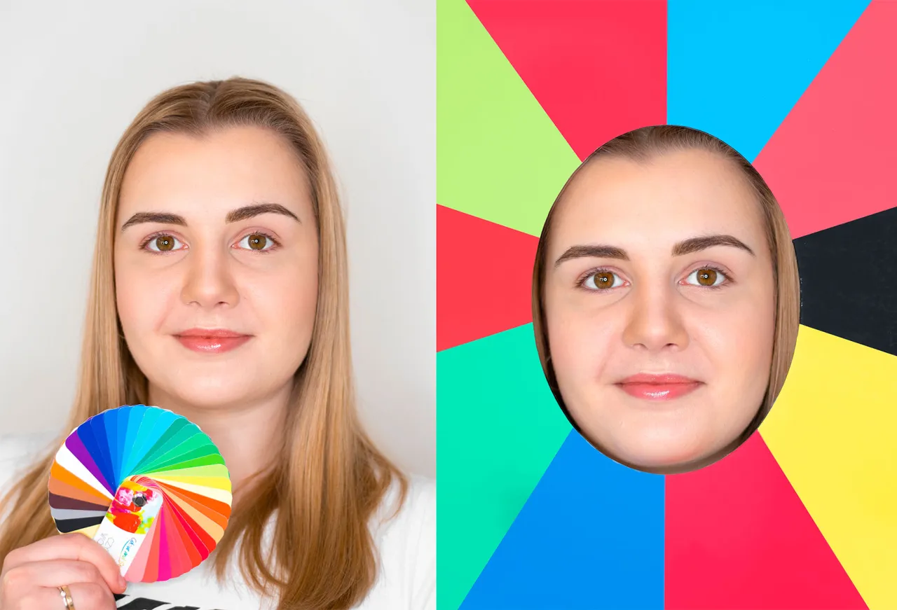 Kobieta z paletą barw obok twarzy w okręgu na tle kolorowych geometrycznych kształt&oacute;w. Kontrastowa wiosna.