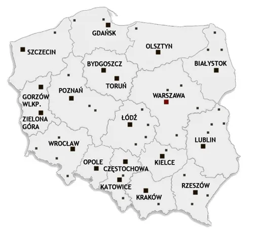 Mapa Polski z zaznaczonymi miastami Katowice i Częstochowa, lub ogólny obraz lekarza/gabinetu urologicznego