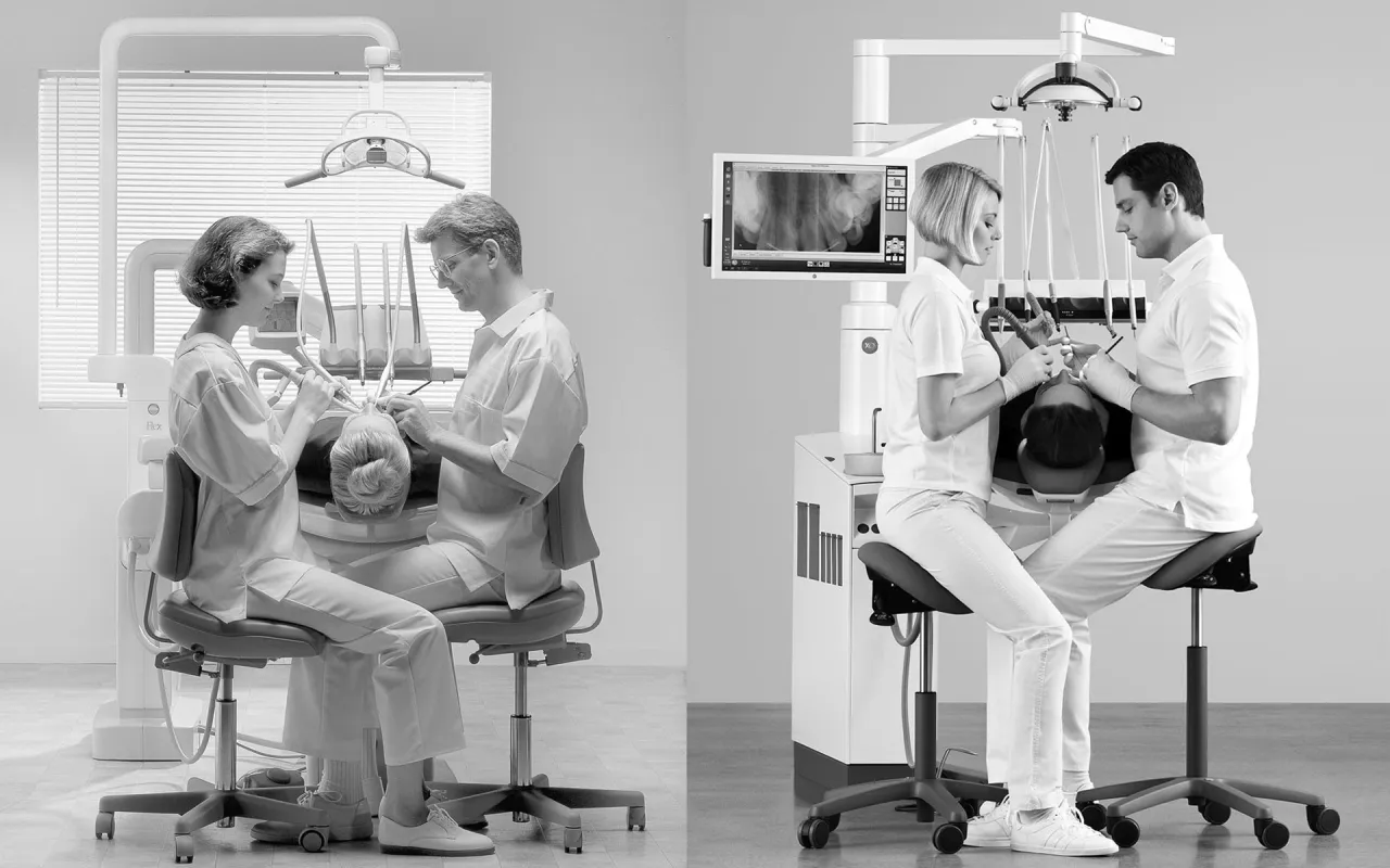 pacjent na fotelu dentystycznym ze słuchawkami, spokojny, relaksujący się