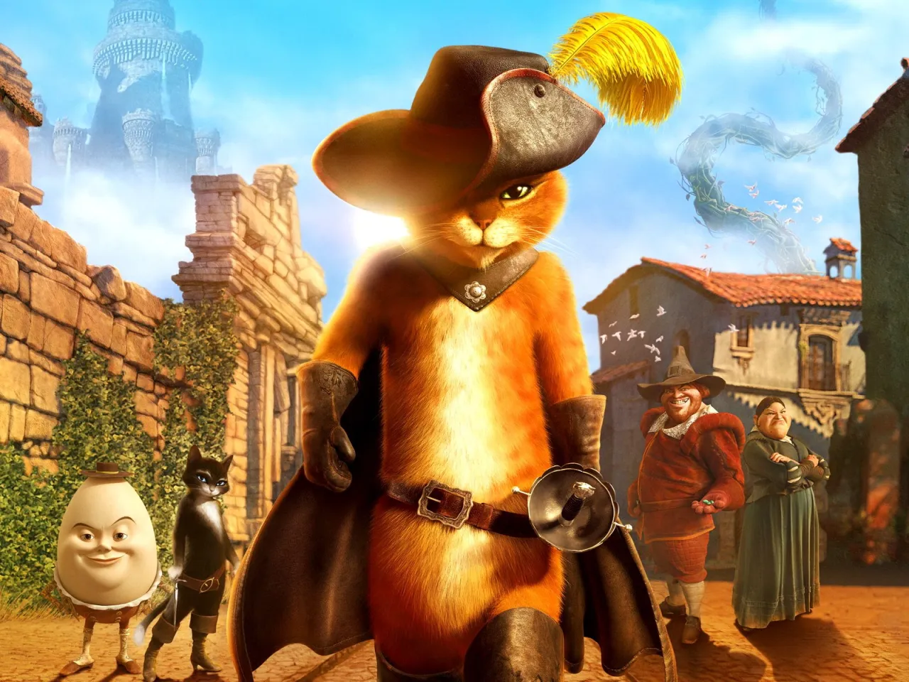 Kot w butach, z pi&oacute;rem w kapeluszu, stoi dumnie obok Jajka i czarnego kota. W tle baśń o kocie w butach ożywa.