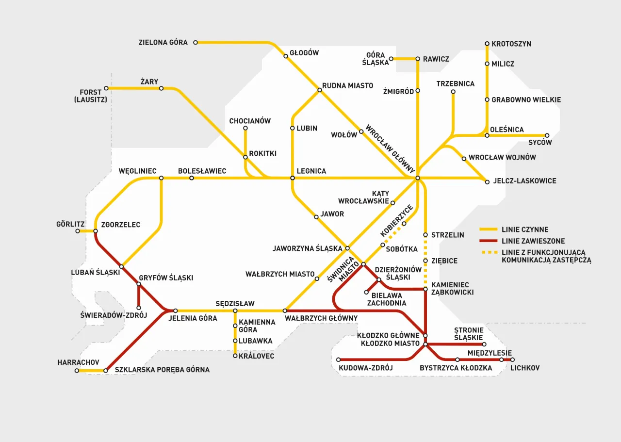Mapa połączeń kolejowych Pendolino w Polsce