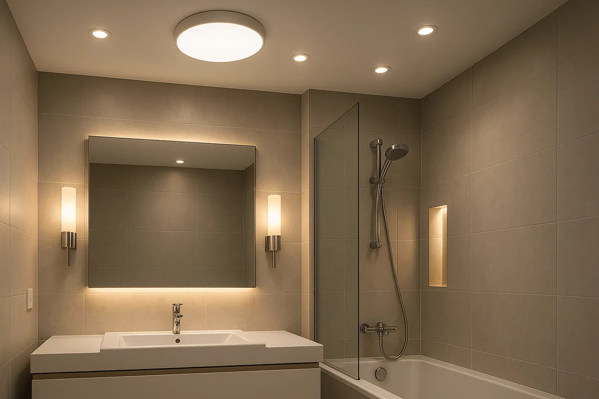 Nowoczesna łazienka z r&oacute;żnymi źr&oacute;dłami światła