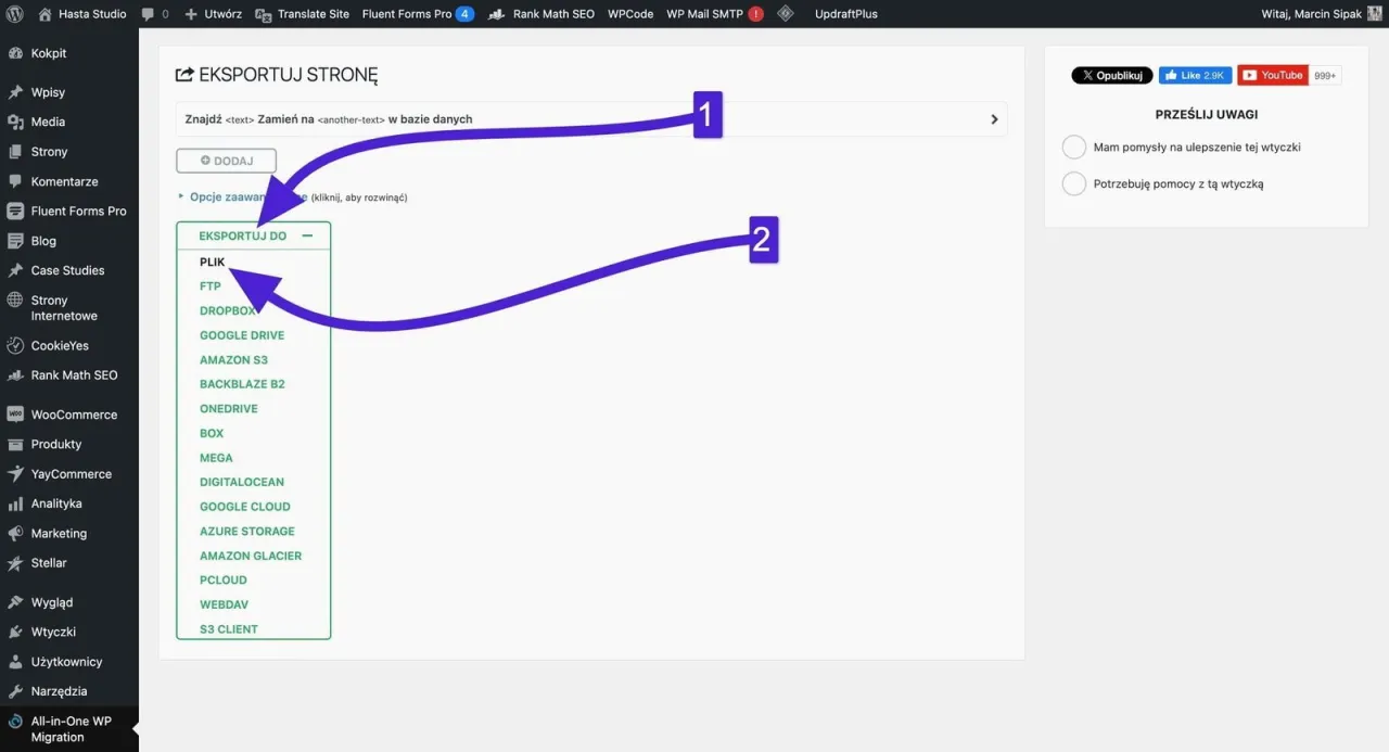 Eksportuj stronę WordPress do pliku, by łatwo przenieść ją na inną domenę. Wybierz 