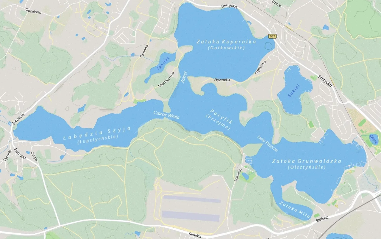 Mapa jezior Olsztyna z zaznaczonymi jeziorami