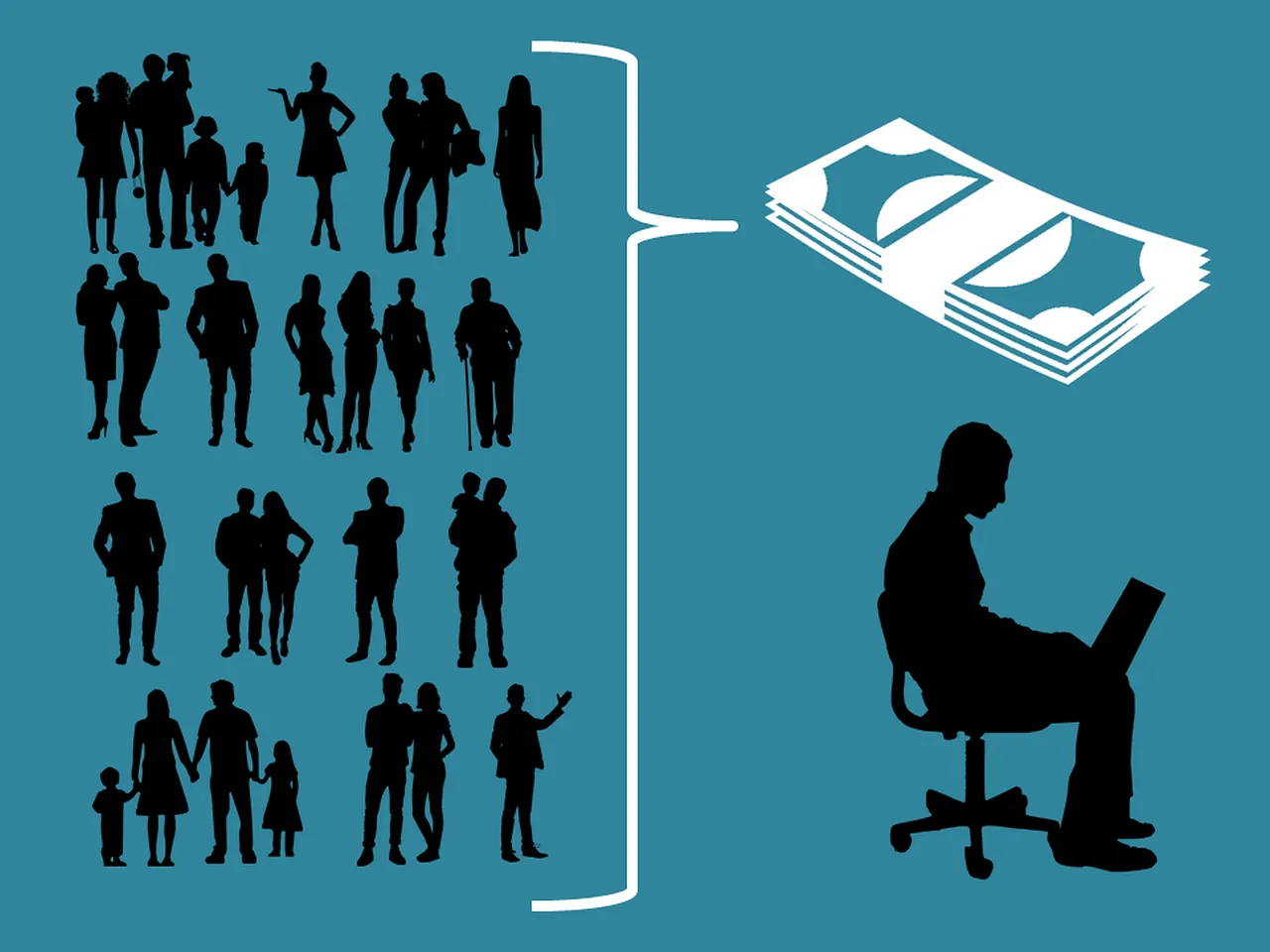 R&oacute;żne grupy ludzi szukają odpowiedzi, gdzie wziąć pożyczkę. Stos pieniędzy i mężczyzna przy laptopie symbolizują finansowe możliwości.