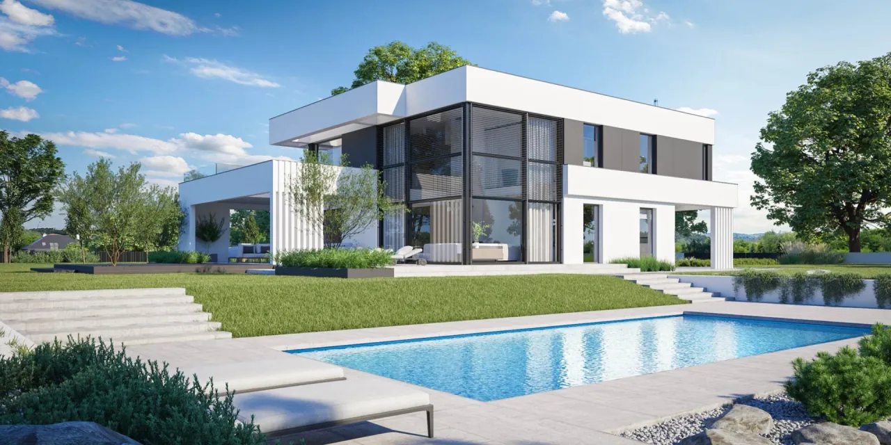 Nowoczesny dom z płaskim dachem i dużymi przeszkleniami