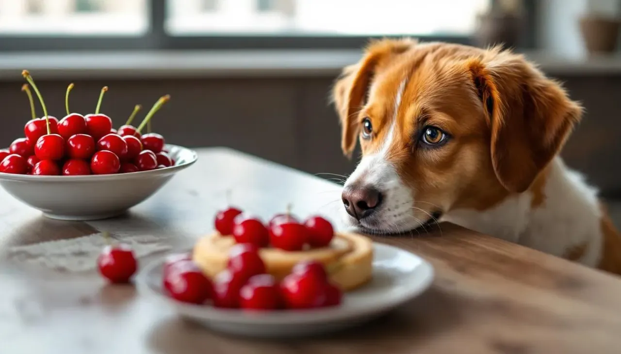 pies jedzący czereśnie bez pestek