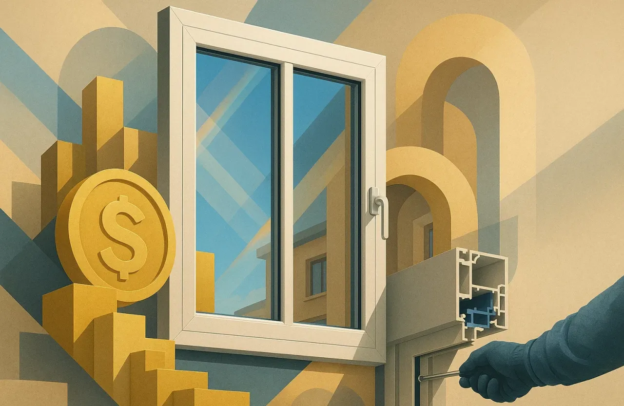 Zastanawiasz się, ile kosztuje wstawienie okna? Grafika pokazuje monetę z dolarem i montaż okna, sugerując inwestycję.