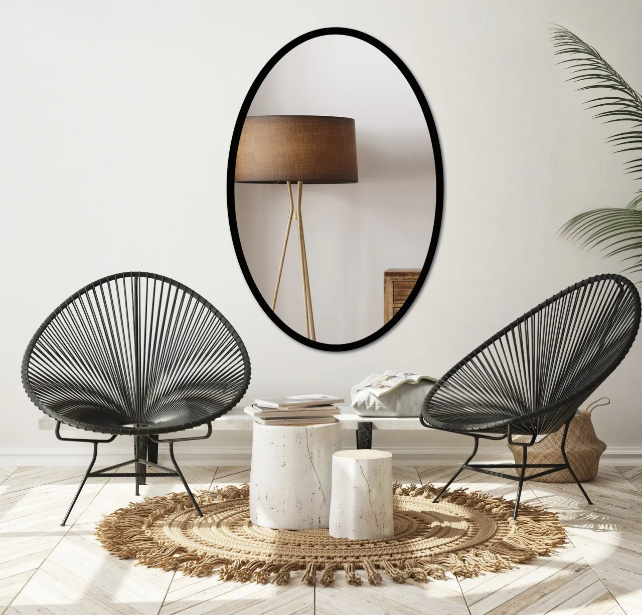 różne kształty czarnych luster we wnętrzach