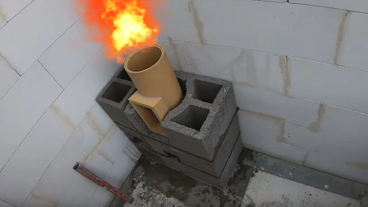 Początek budowy komina systemowego z pustak&oacute;w i ceramiki. Płomienie symbolizują jego przyszłe działanie.