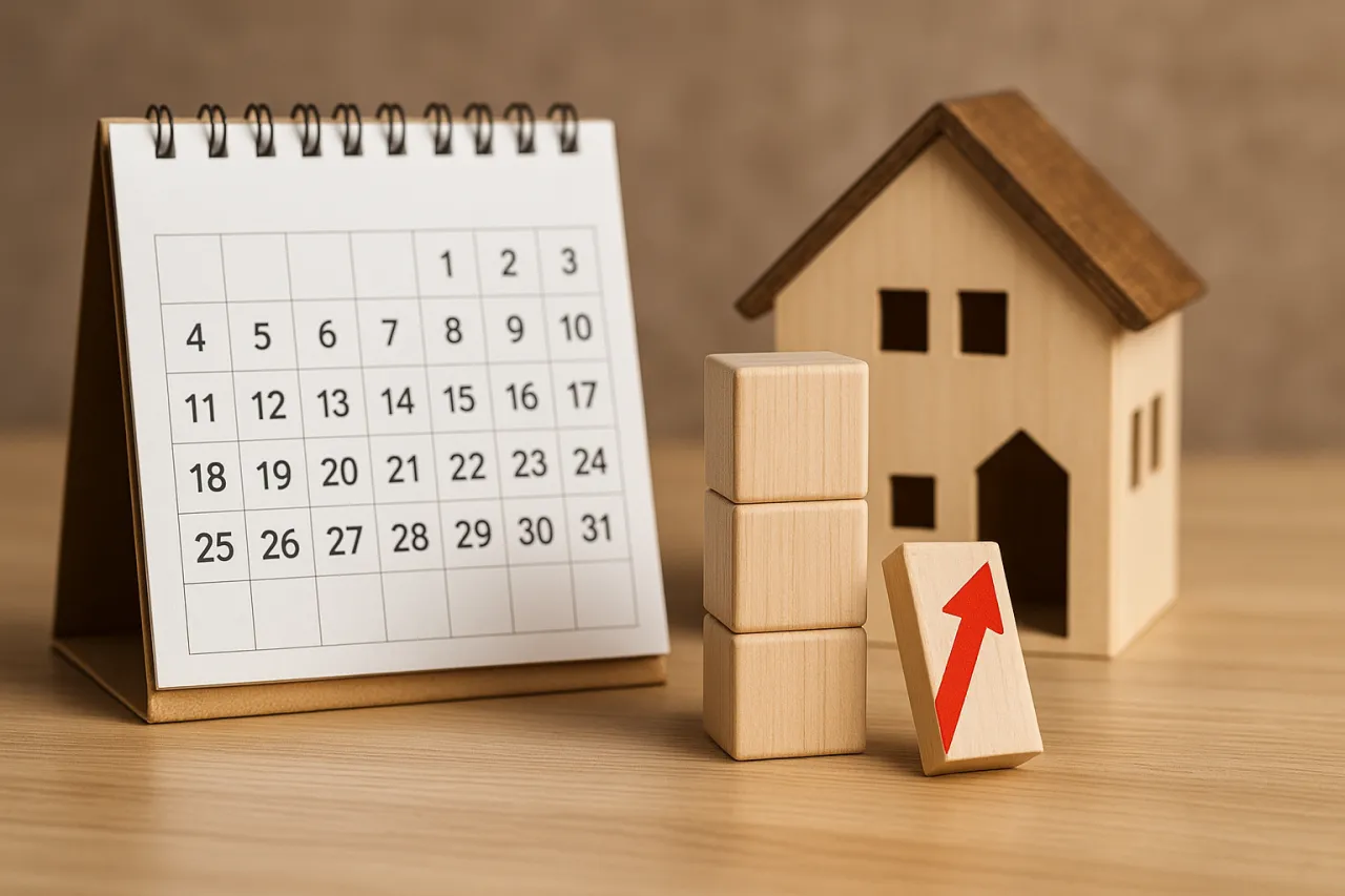 Kalendarz obok domku i kostek z rosnącą strzałką. Zastanawiasz się, pozwolenie na budowę ile ważne?