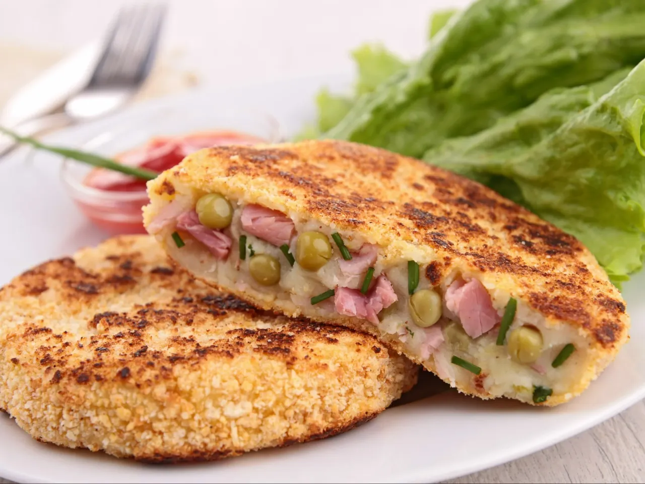 Placuszki z ziemniak&oacute;w z szynką i groszkiem to świetny pomysł, co zrobić z ugotowanych ziemniak&oacute;w. Podane z sałatą i sosem.