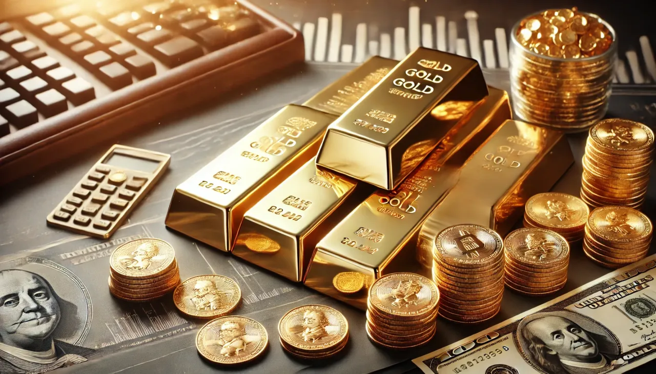 Sztabki złota, monety i kalkulator. Czy opłaca się inwestować w złoto? Analiza finansowa.