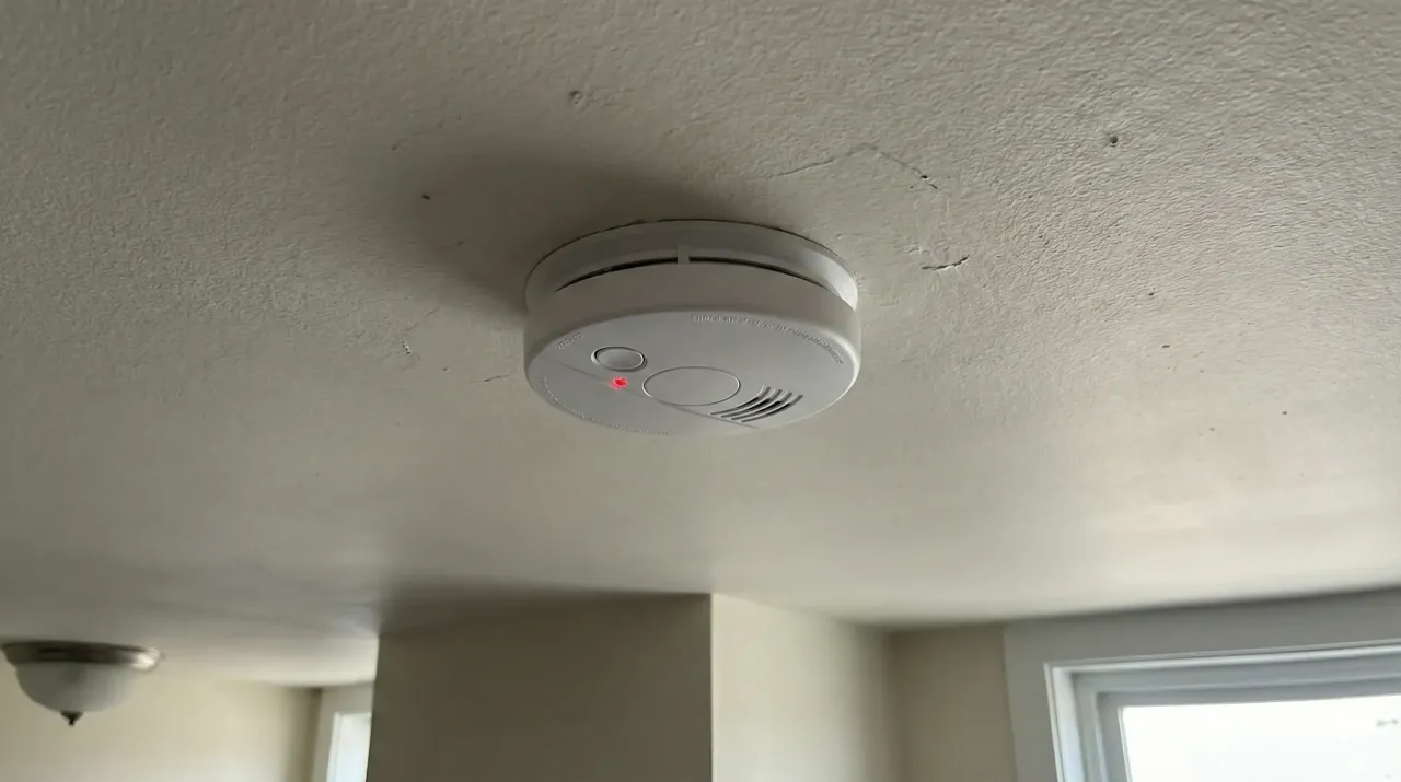 Czujnik czadu na suficie. Czerwona lampka sygnalizuje alarm. Dowiedz się, jak wyłączyć czujnik czadu w razie potrzeby.