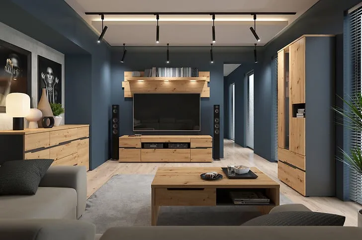 aranżacje salonu szare ściany, szary salon z drewnem, szary salon z granatem