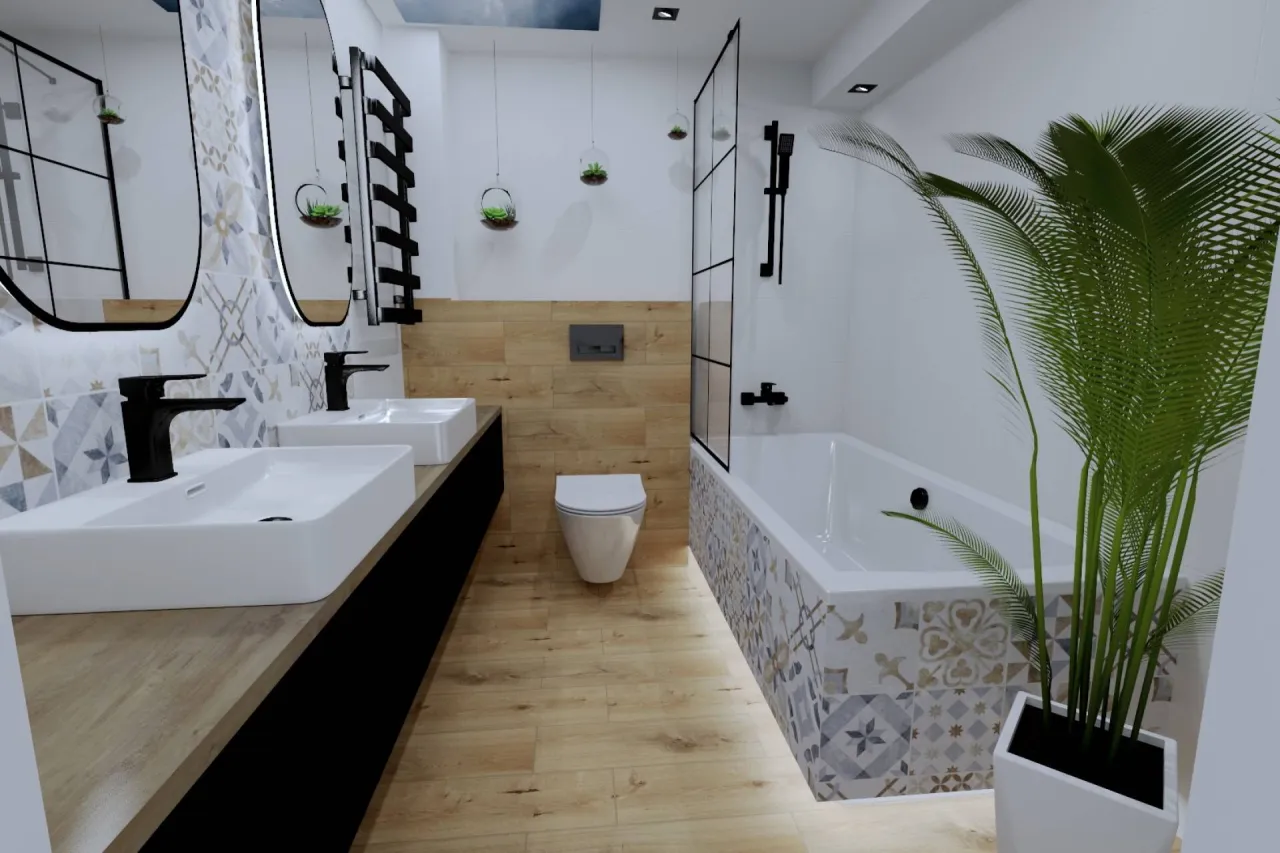 Nowoczesna łazienka z dwoma umywalkami, wanną i toaletą. Warto zobaczyć, gdzie kupić płytki do łazienki, by stworzyć taką przestrzeń.