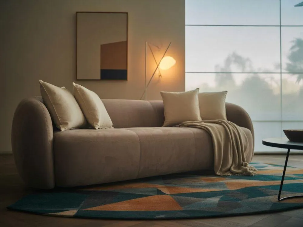 dywan wzorzysty kolory ziemi szara kanapa brązowe meble