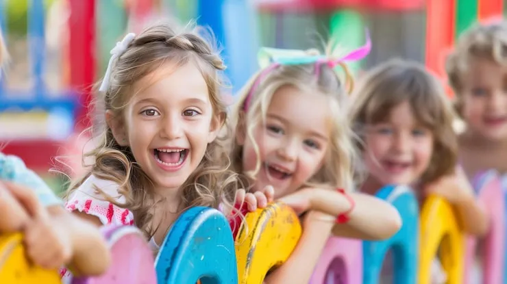 dzieci bawiące się w kolorowym przedszkolu