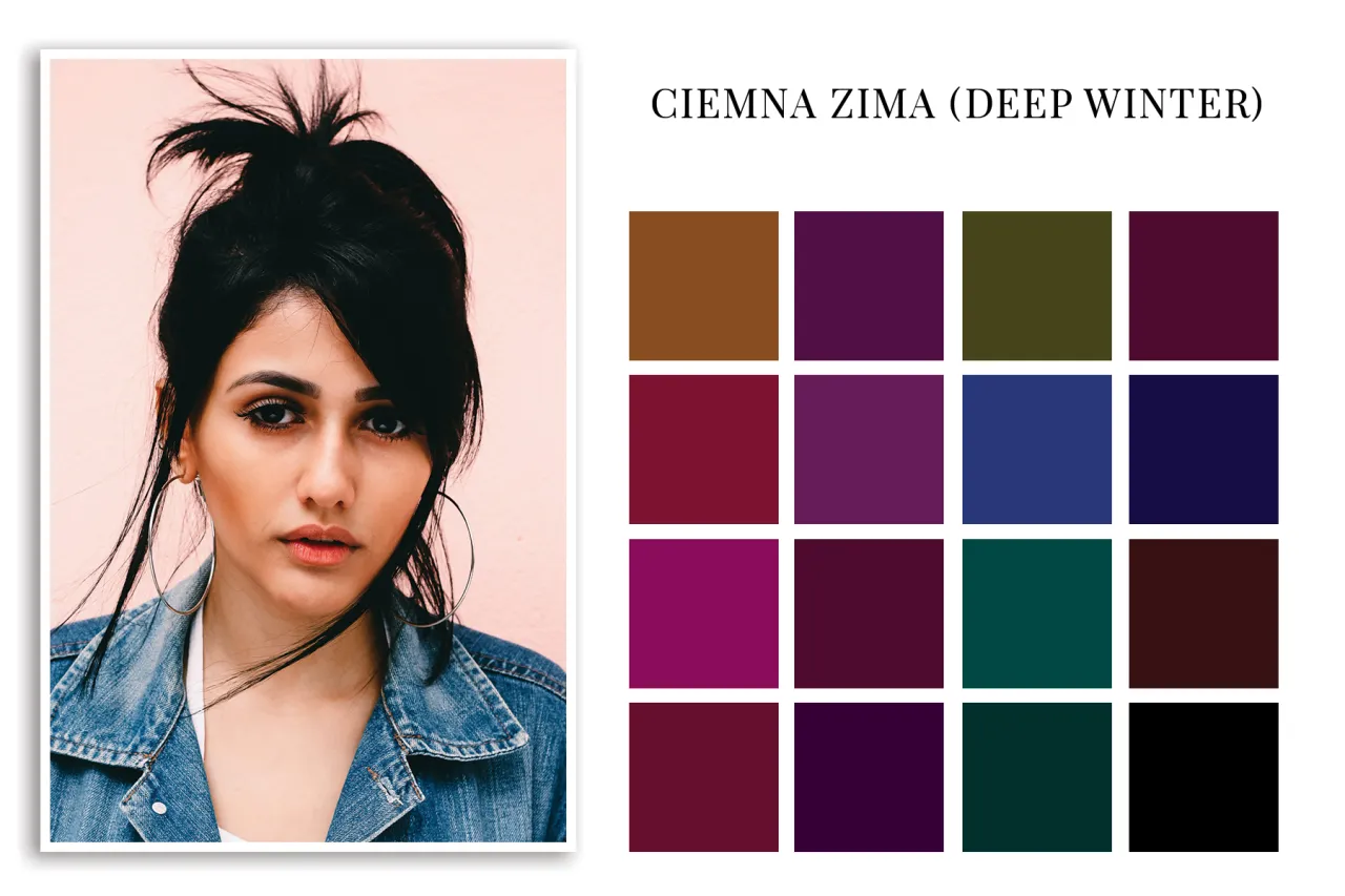 Kobieta o ciemnych włosach i oczach, obok paleta barw dla typu urody 