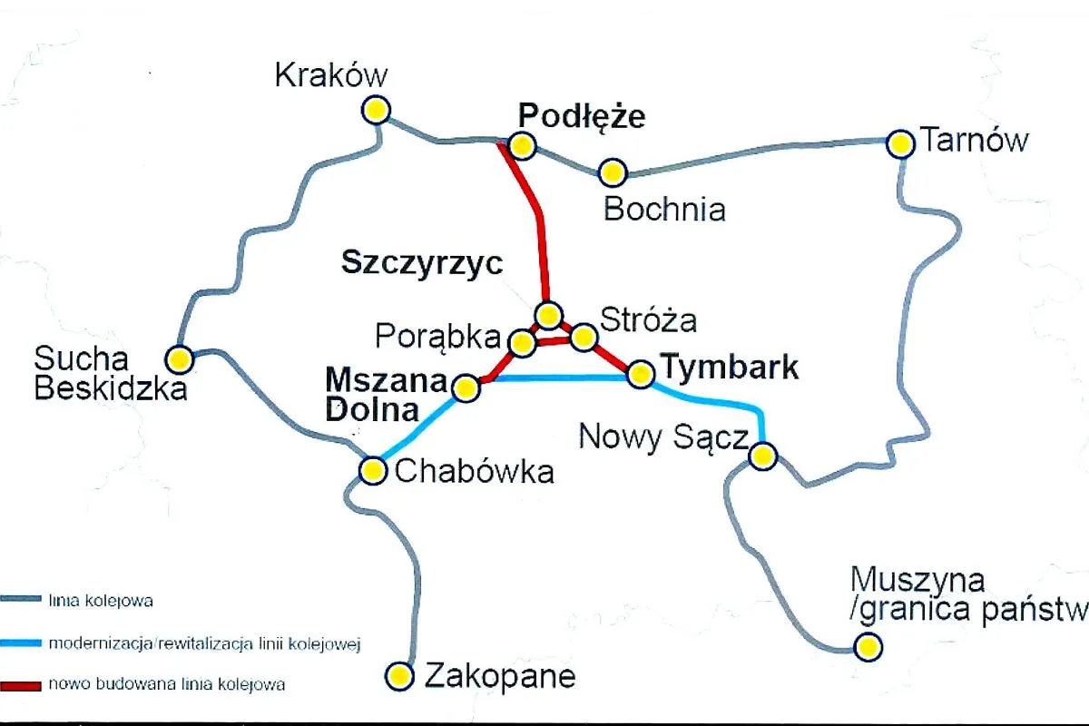 Mapa kolejowa pokazuje połączenia między Krakowem a innymi miastami, w tym Szczyrzycem. Odległość Wrocław Krak&oacute;w jest tu nieznana, ale widać linie kolejowe.