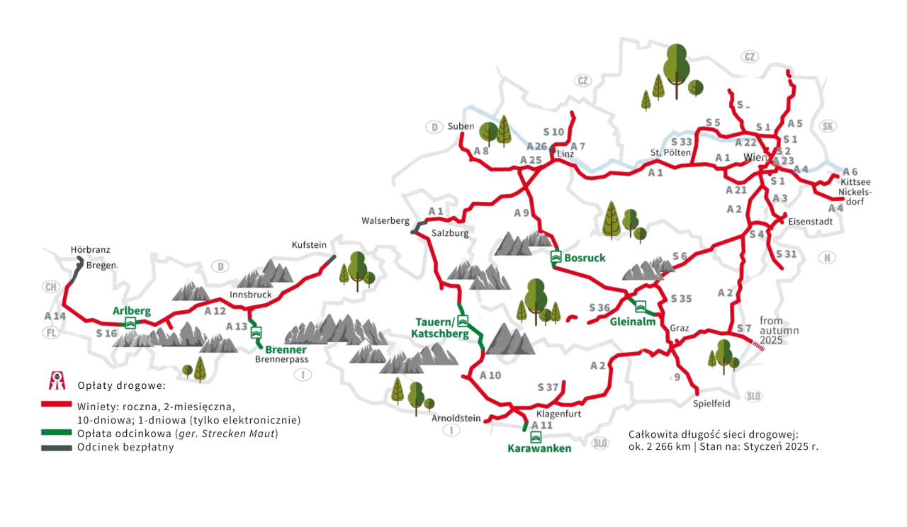 Mapa płatnych odcinków autostrad Austria