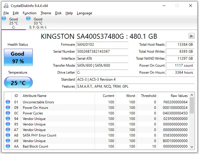 CrystalDiskInfo interfejs